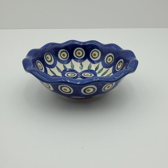 Polish Pottery Peacock Leaves 5" Fluted Bowl Peacock Dessert Bowl Trinket Dish - Picture 7 of 7